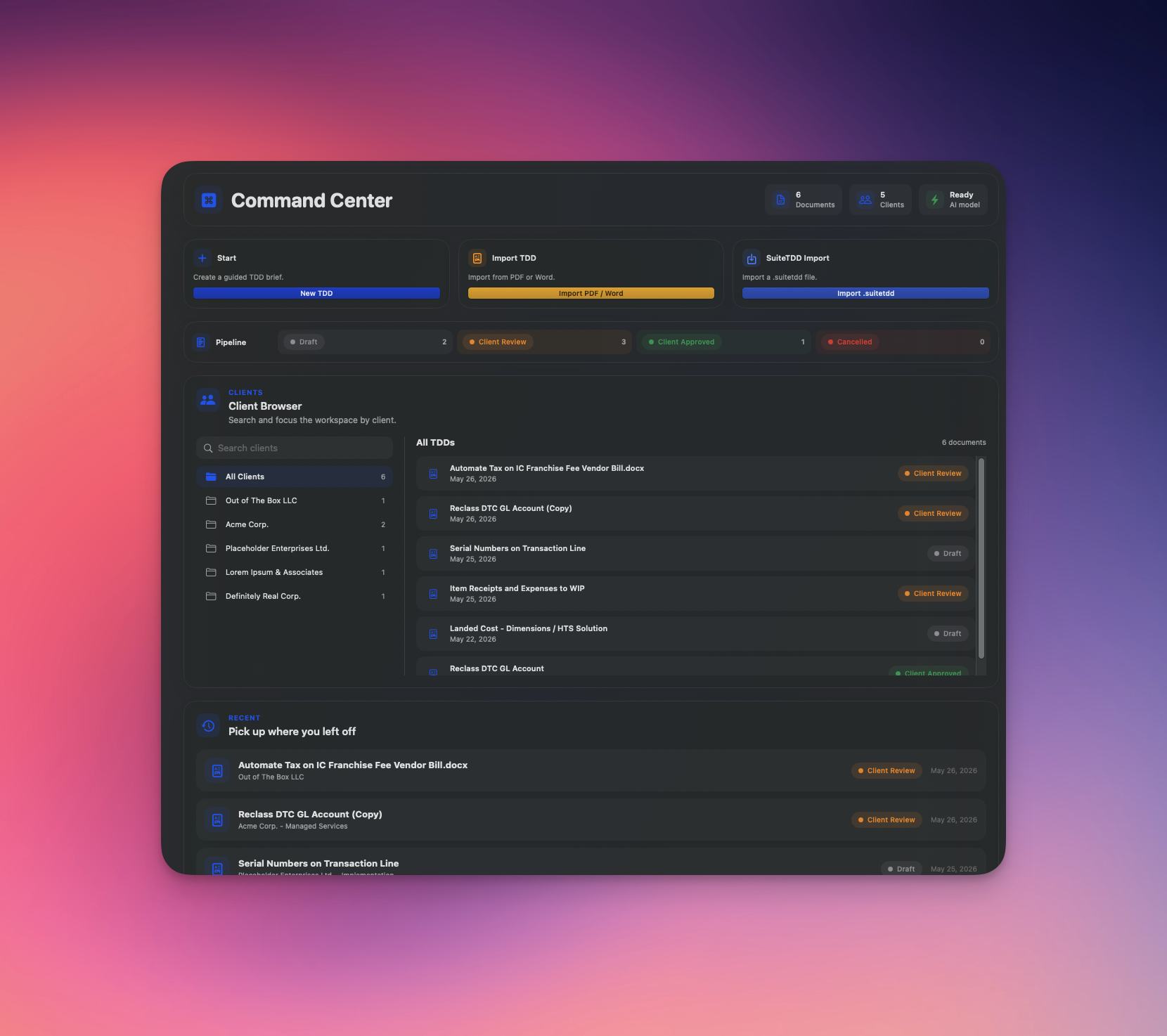 Command Center dashboard with pipeline board, metrics, and quick-start action cards.