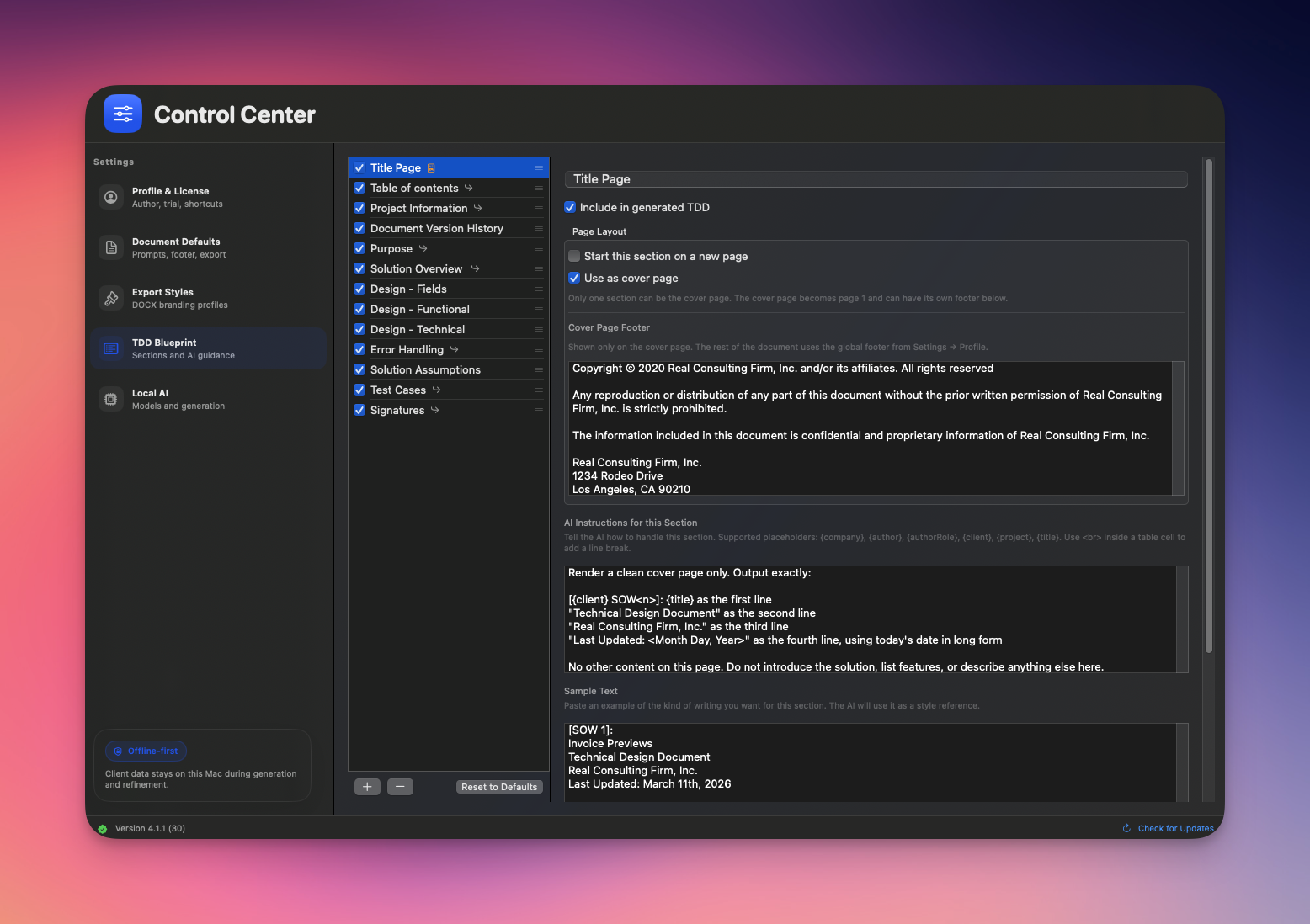 Style system with font, colour and heading controls.