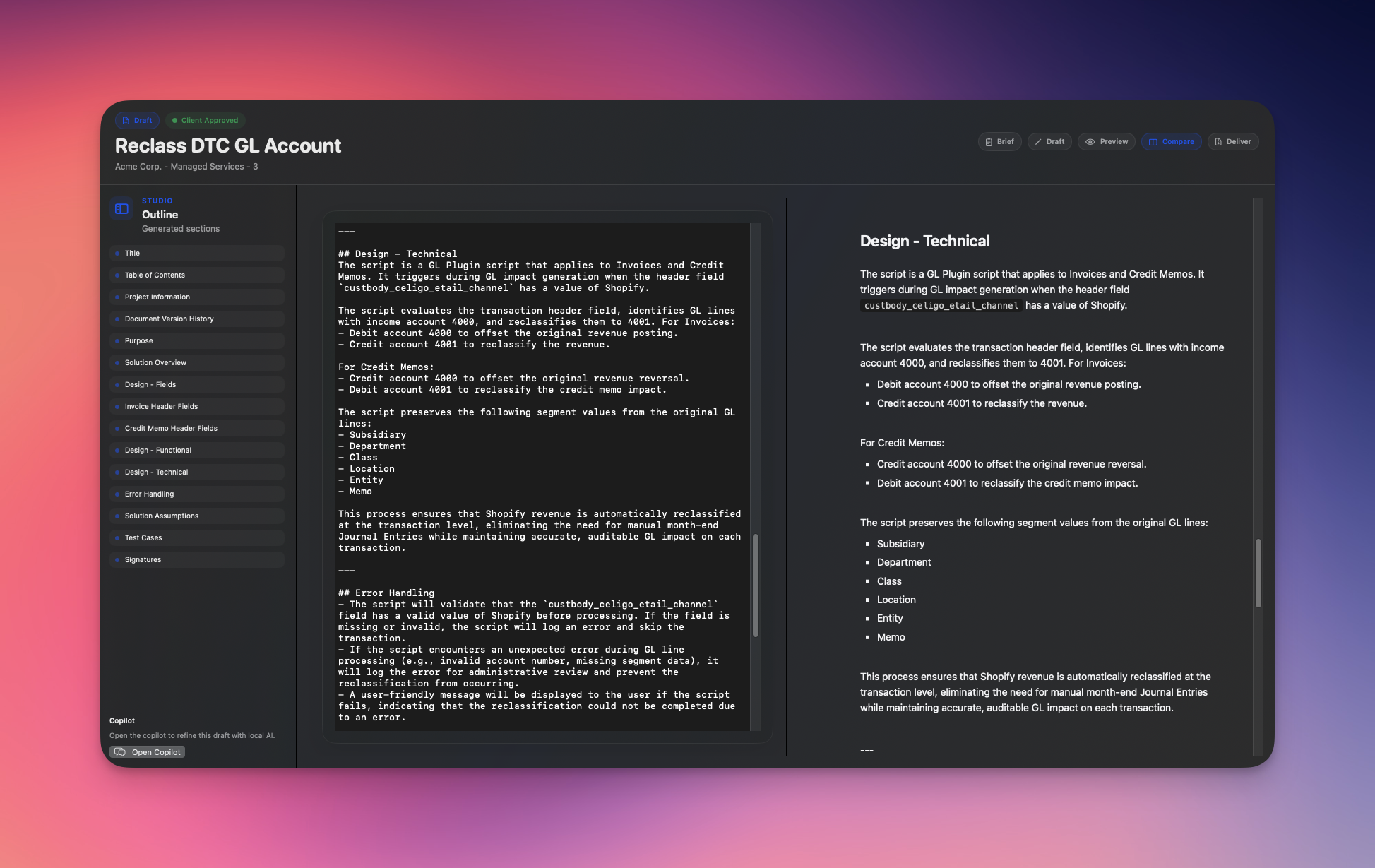 Side-by-side view: markdown source on the left, rendered TDD on the right.