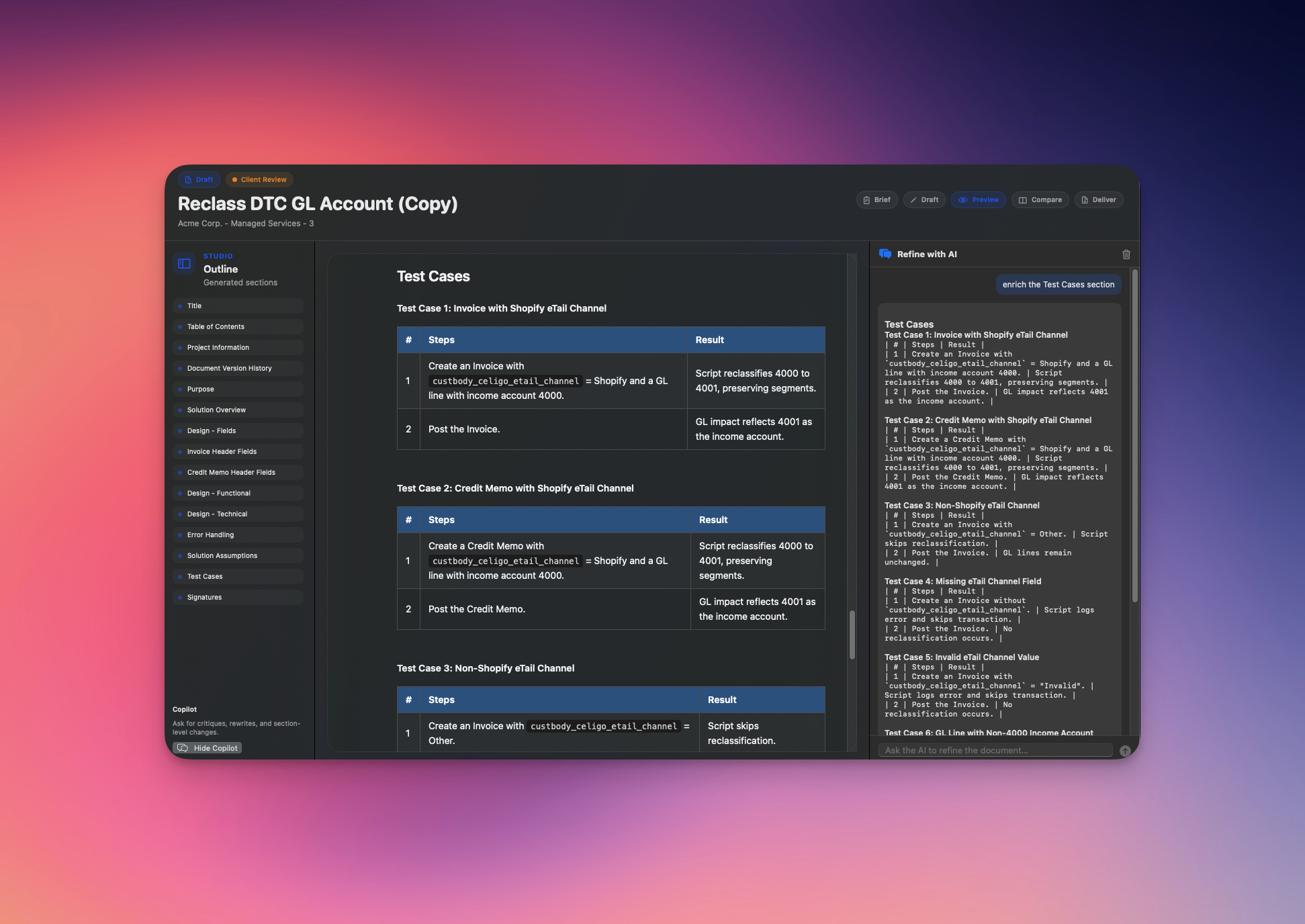 Studio view: edit markdown on the left, rendered TDD on the right, with mode tabs and outline sidebar.